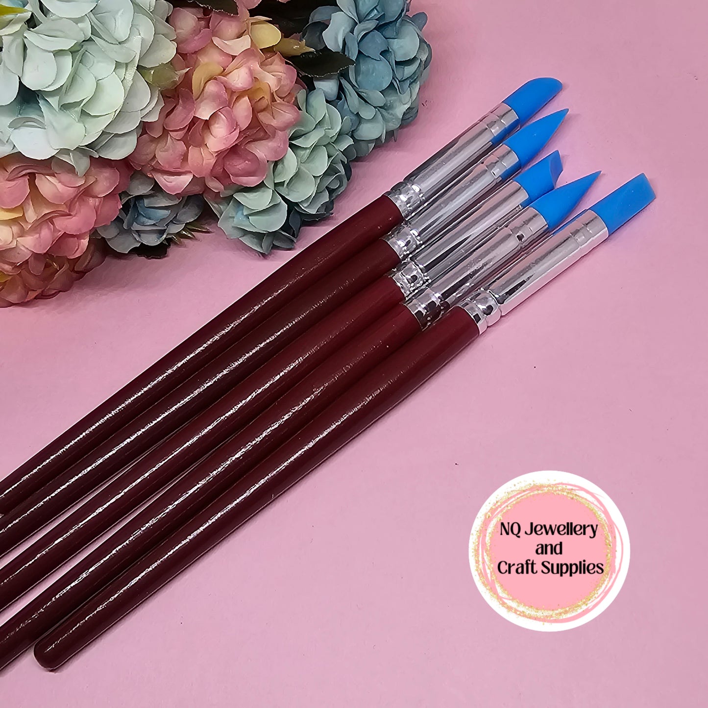 Silicone Tool Set (5pcs) Wooden Handle - Reusable - Resin Nail Crafts Polymer Clay Cake Decorating Smoothing Set Resin Top Coat
