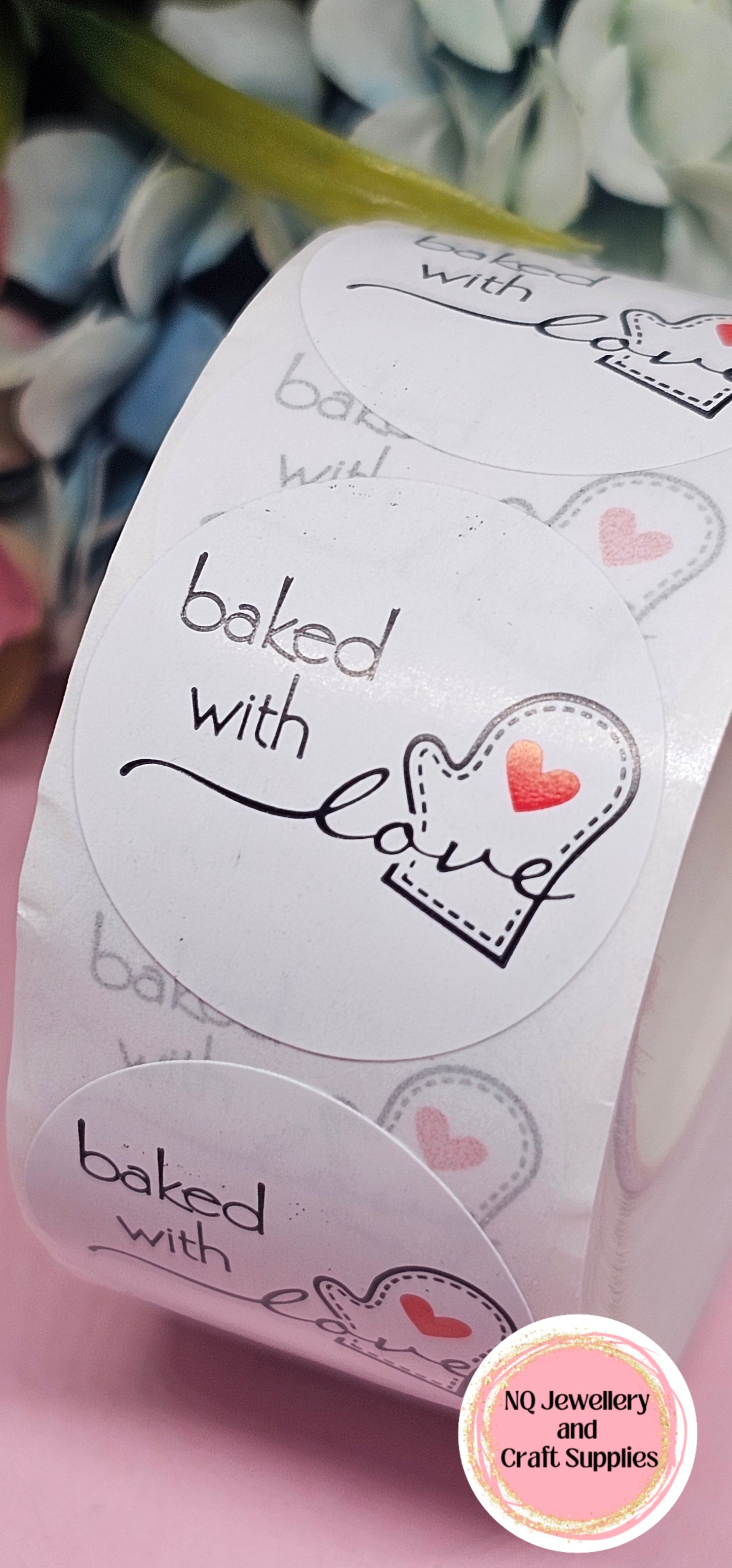 BAKED WITH LOVE STICKERS / Qty 50 or ROLL of 500!