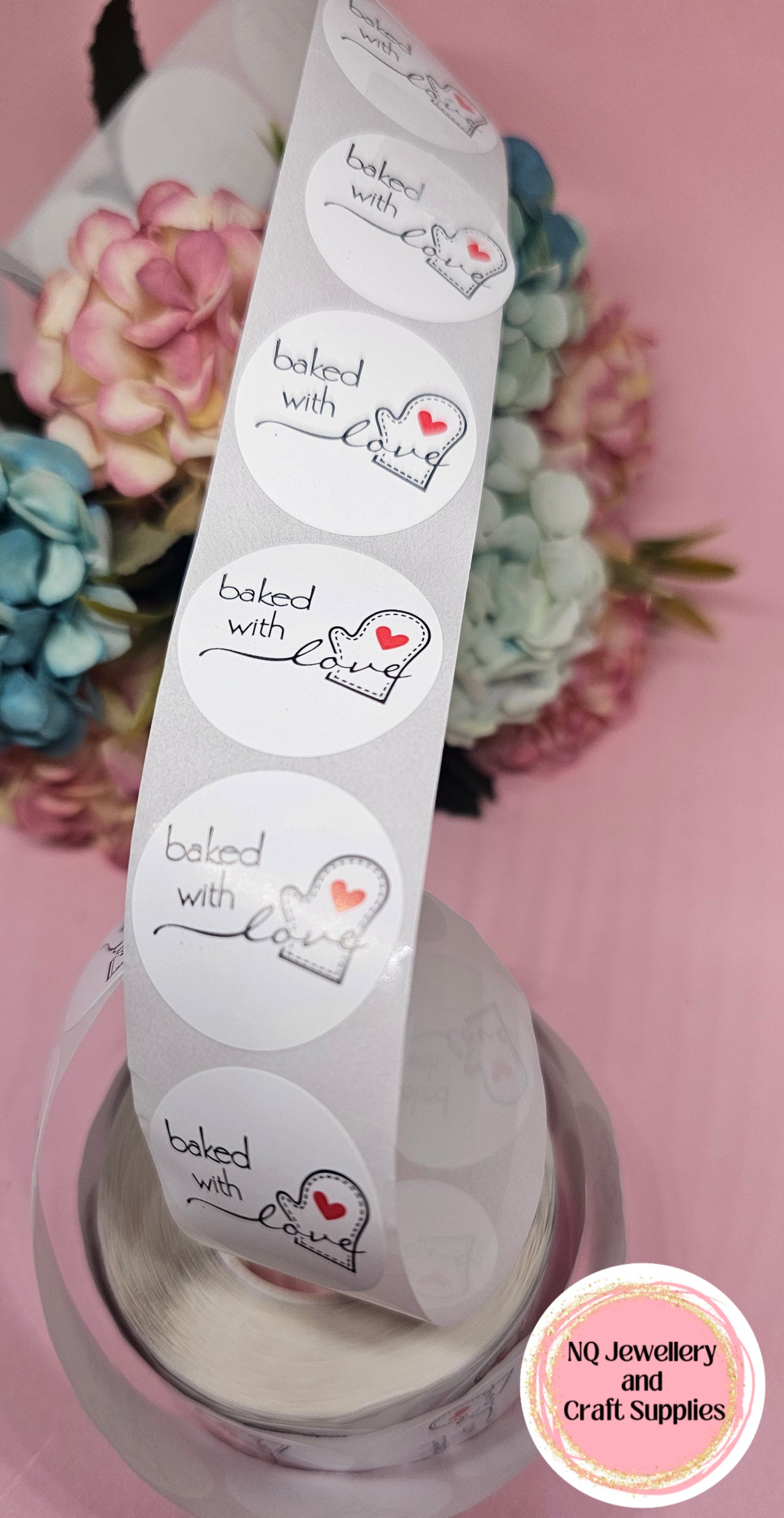 BAKED WITH LOVE STICKERS / Qty 50 or ROLL of 500!