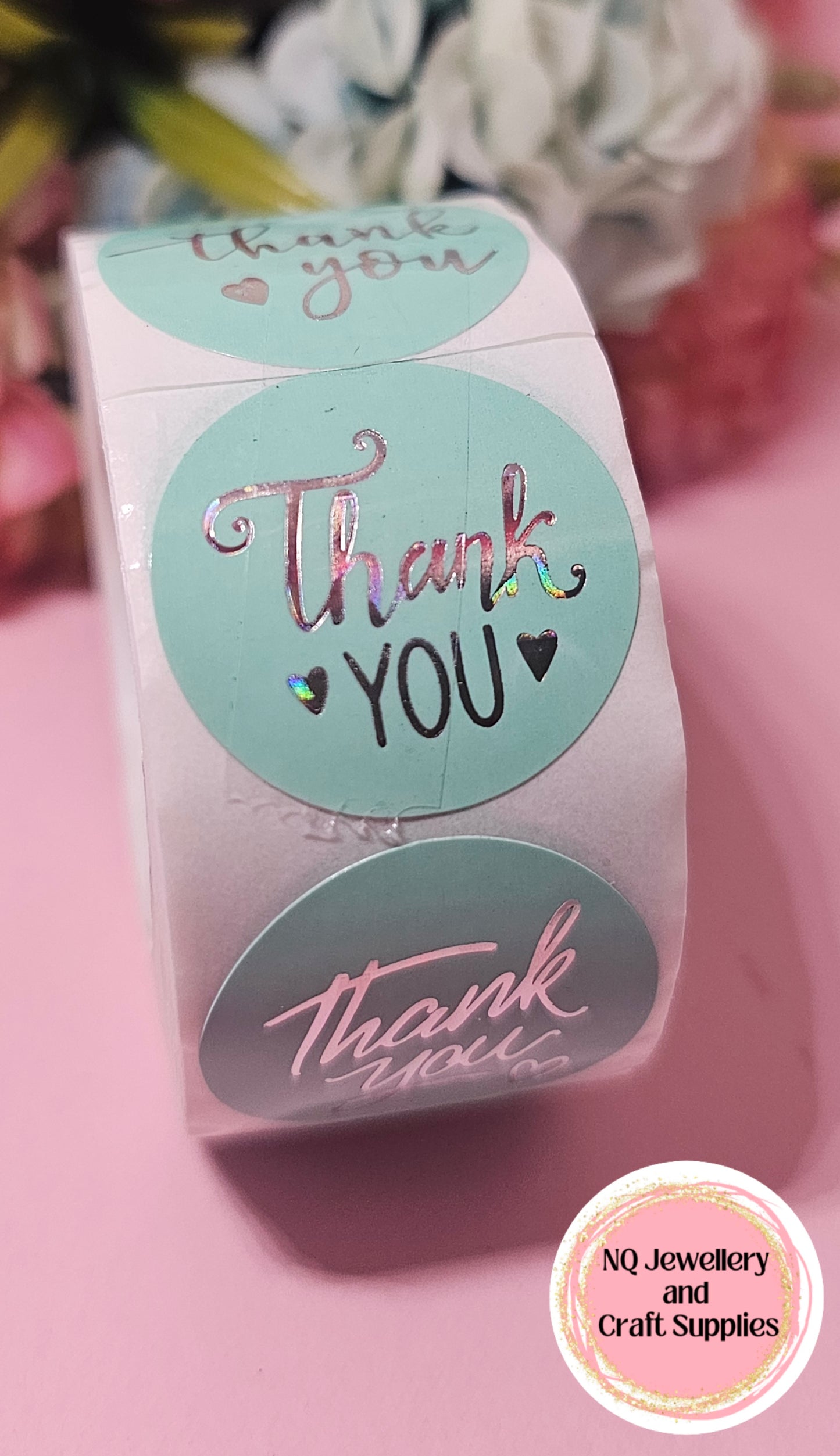 THANK YOU STICKERS / AQUA & SILVER HOLOGRAPHIC - Qty 50 or ROLL of 500!