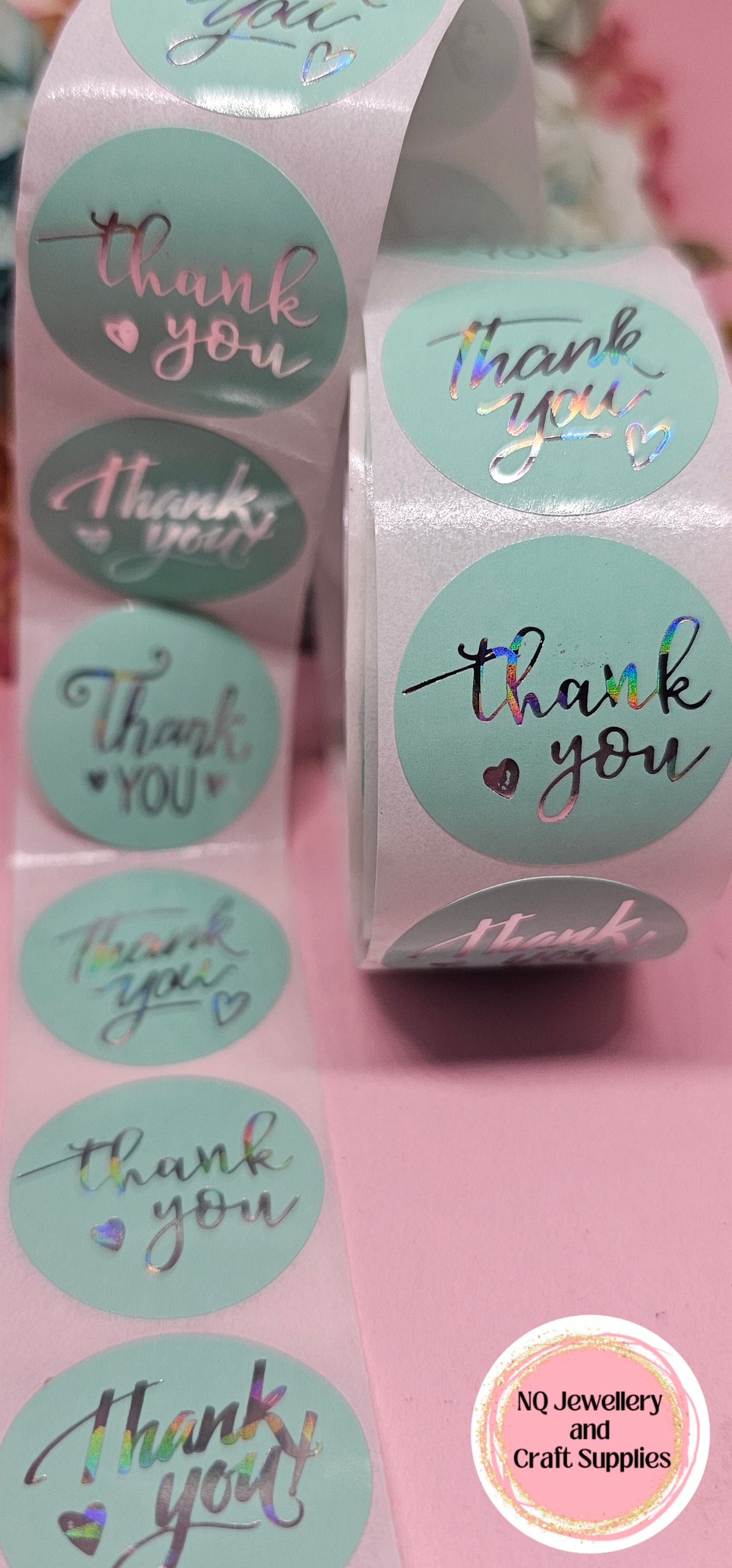 THANK YOU STICKERS / AQUA & SILVER HOLOGRAPHIC - Qty 50 or ROLL of 500!
