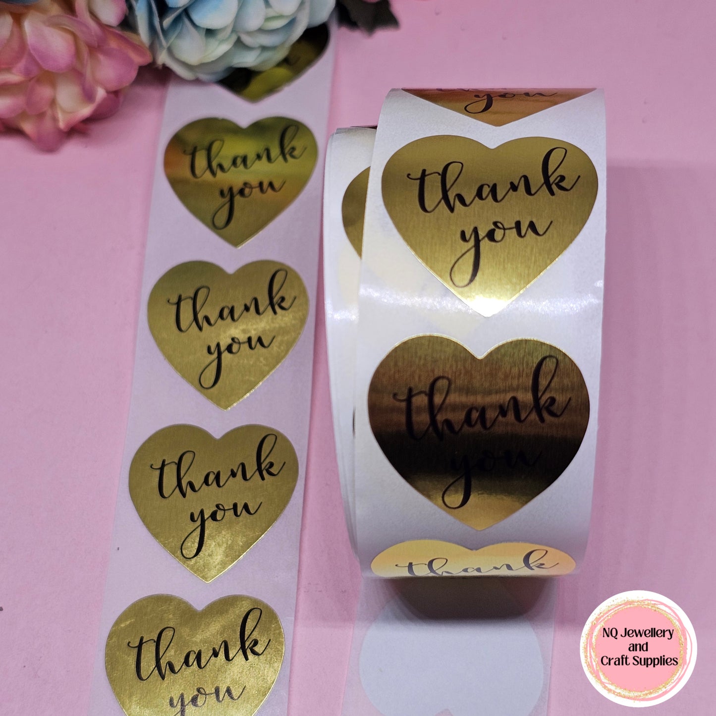 THANK YOU STICKERS / GOLD HEART - Qty 50 or ROLL of 500!