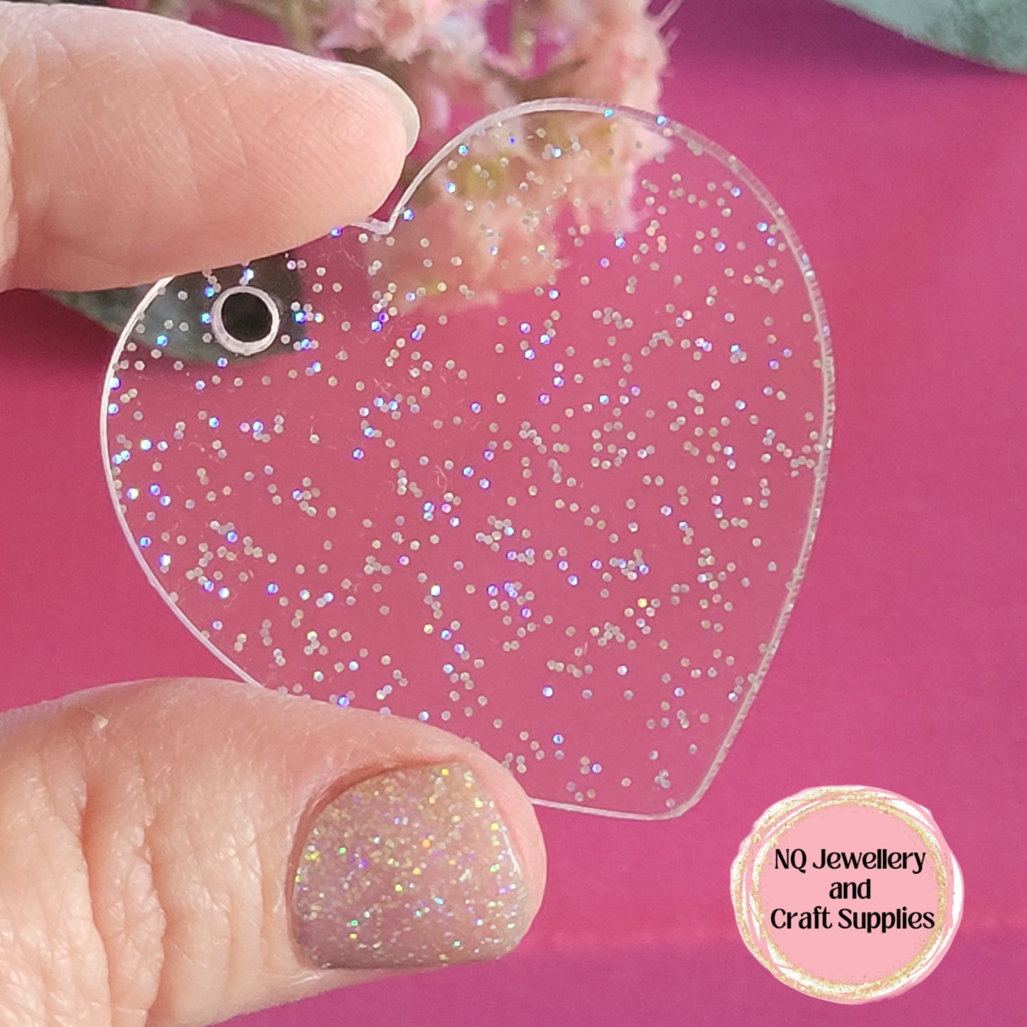 Acrylic Heart Disc with Glitter Powder Transparent 42mm x 3mm