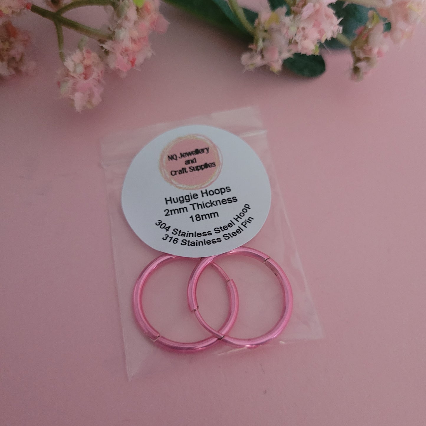 Huggie Hoop Earrings Pink 2mm / Black Rose Gold Rainbow 2.5mm thickness / Stainless Steel / 18mm
