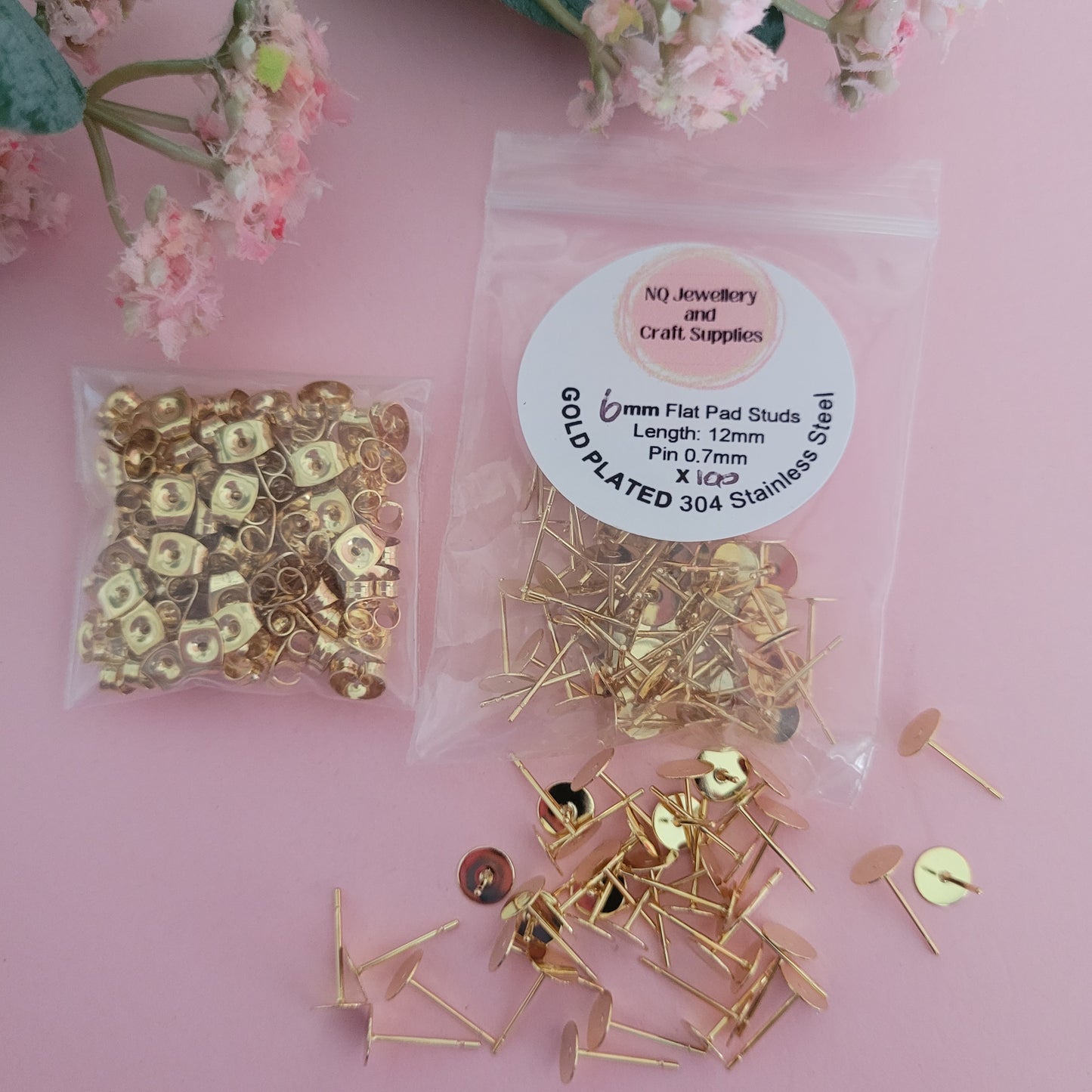 GOLD Real 24K Gold Plated Flat Pad Earring Stud Posts 304 Stainless Steel or 316L Stainless Steel