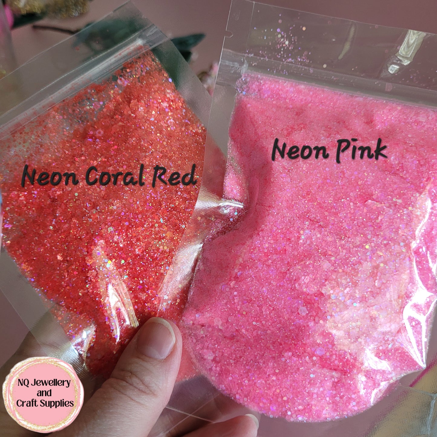 Neon Holographic Glitters / Pink Yellow Green & Coral Red / Mixed Sized Glitter - 20g 50g Bags