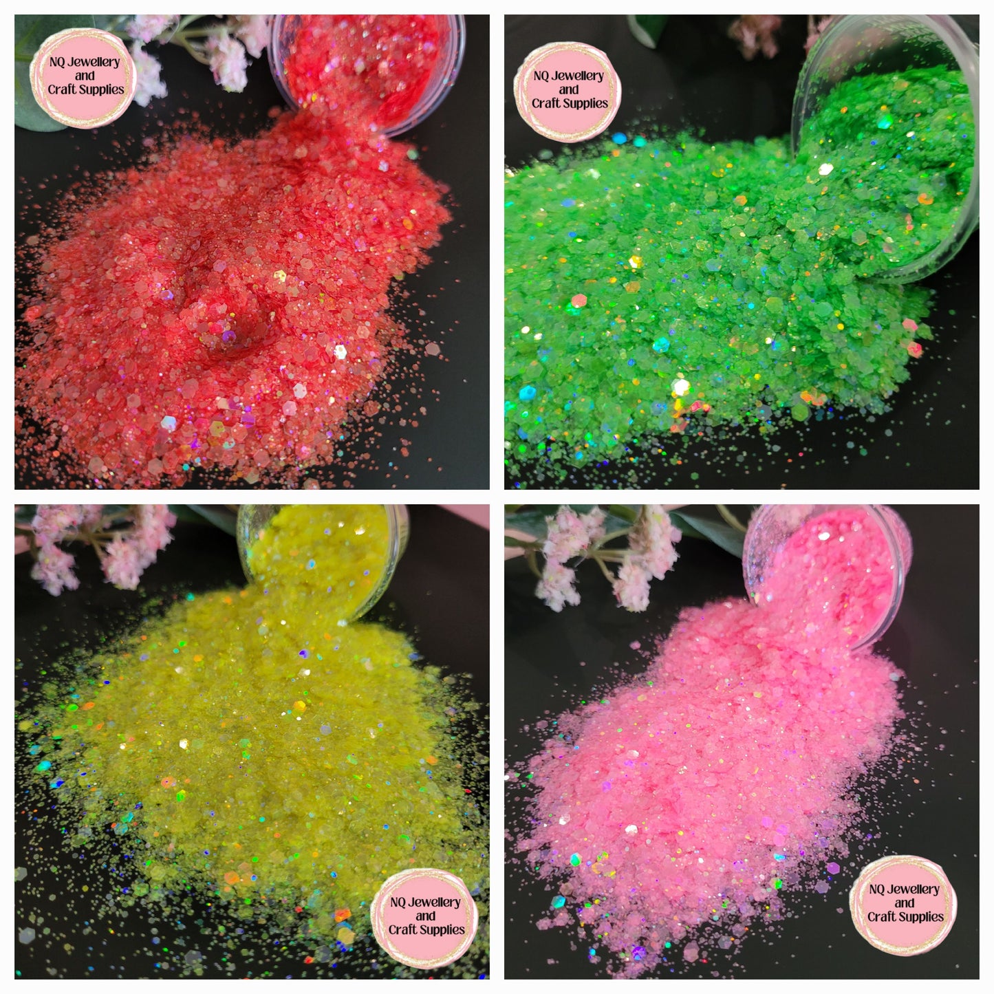 Neon Holographic Glitters / Pink Yellow Green & Coral Red / Mixed Sized Glitter - 20g 50g Bags