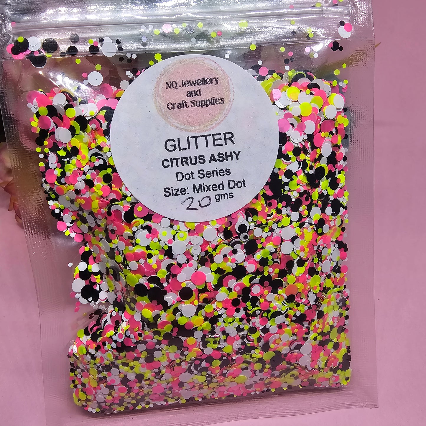 Citrus Ashy Dot Glitter / Hot Pink, Neon Green, Black & White Dots / 20g 56g Bag