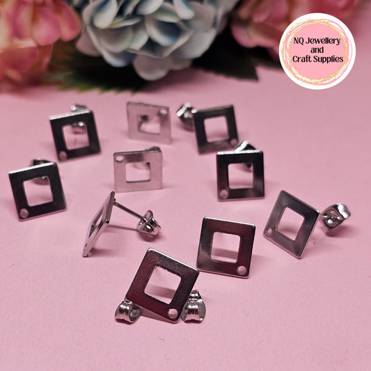 RHOMBUS / Square Diamond Shaped Stainless Steel Stud Earring Findings Decorative 5 Pairs (10pcs) 304 Stainless Steel