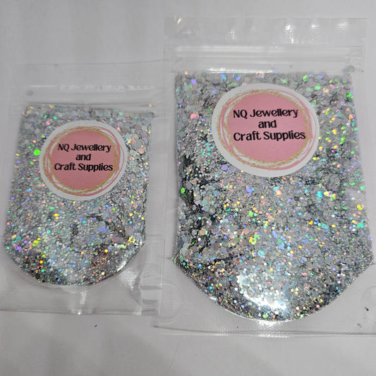 SILVER Holographic Glitter / Silver Shark / Mixed Sized - 20g 50g Bags  -NEW LABELS