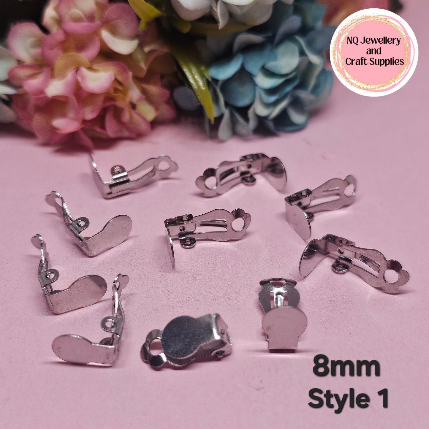 CLIP ON Flat Pad Earrings 8mm & 10mm 316 Stainless Steel / Transparent Plastic 3mm & 5mm